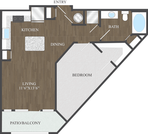 Floor plan for 1 bed, 1 bath, 721 sqft